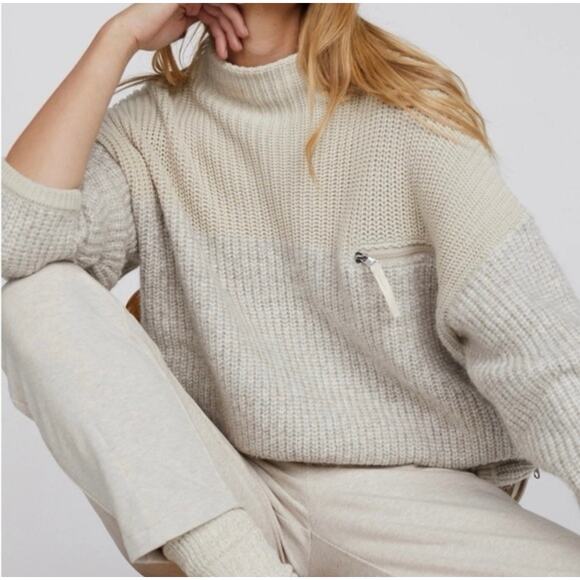 Varley Darwell Two-Tone Zipped Chunky Oversized Mock Neck Neutral Sweater Large - Picture 1 of 15